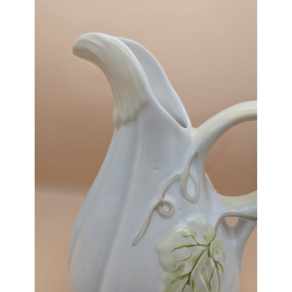 Ceramic Pitcher Gourd White And Light Green Embossed - Picture 3 of 10